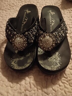 Montana West Black Rhinestone Concho Wedge Sandals